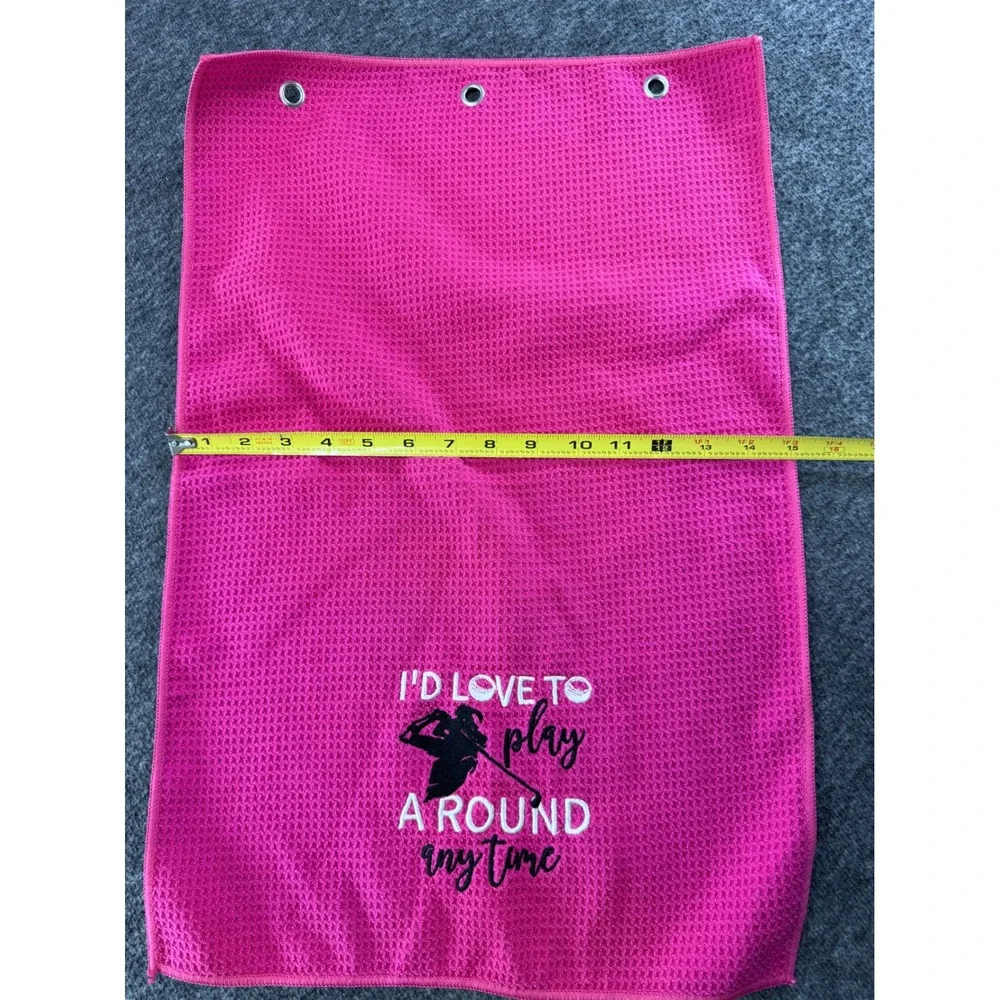 Pink Waffle Weave Golf Towel I'd Love To Play A Round Anytime Microfiber Grommet